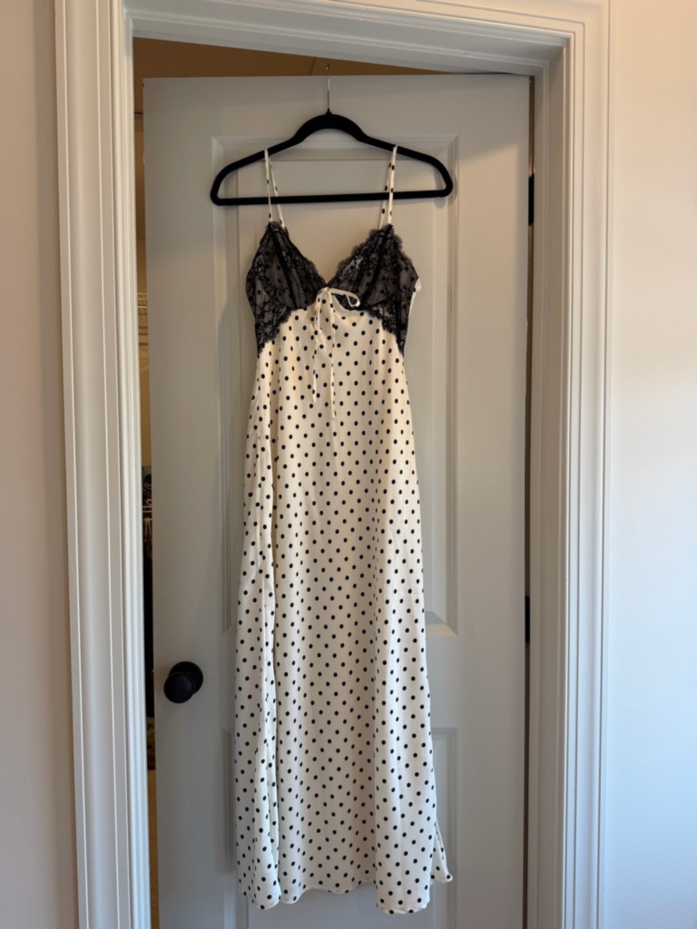 Polka Dot Satin Slip Dress with Lace Bodice